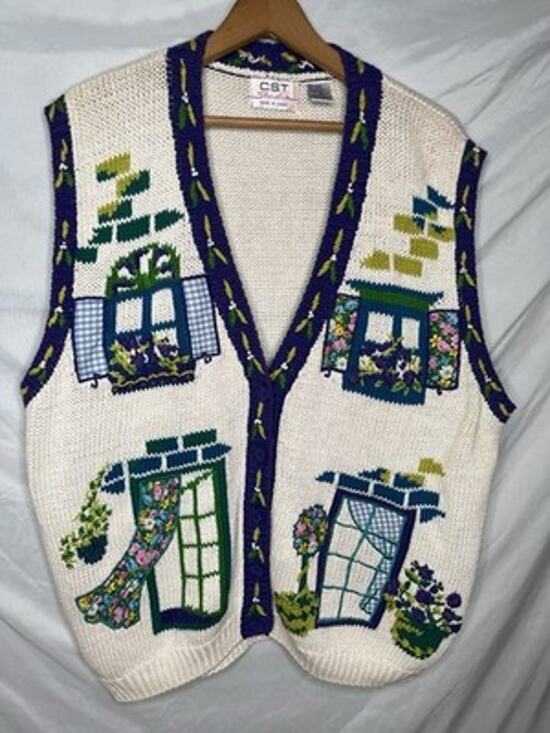 CST Studio Sweaters - CST Studio Knit Sweater Vest Size 2x Floral Window Box Graphics Ramie Blend
